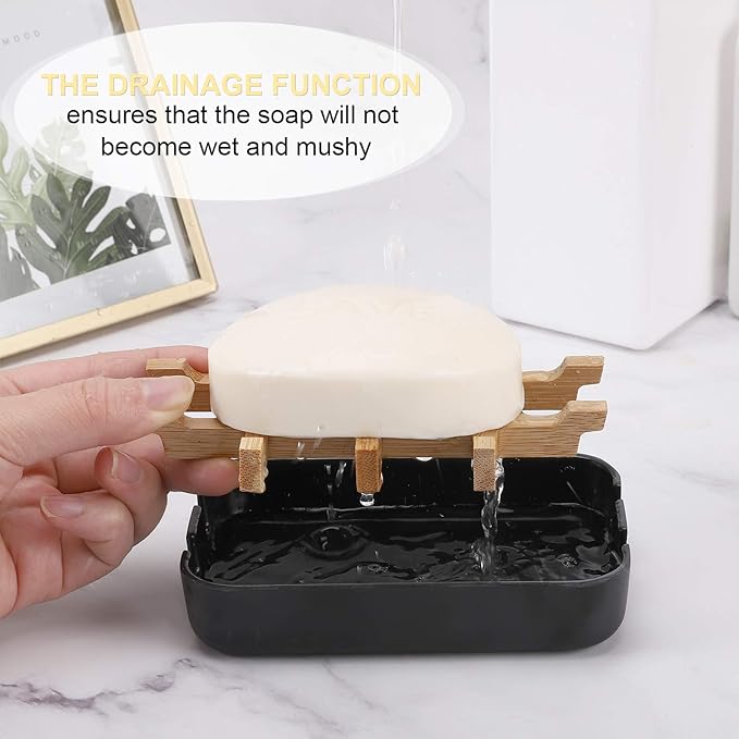 Bamboo Wooden Soap Dishes for Bathroom Bar Soap Holder Shower Soap Holder Sink Deck Bathtub Shower Tray (Two Pieces Black)