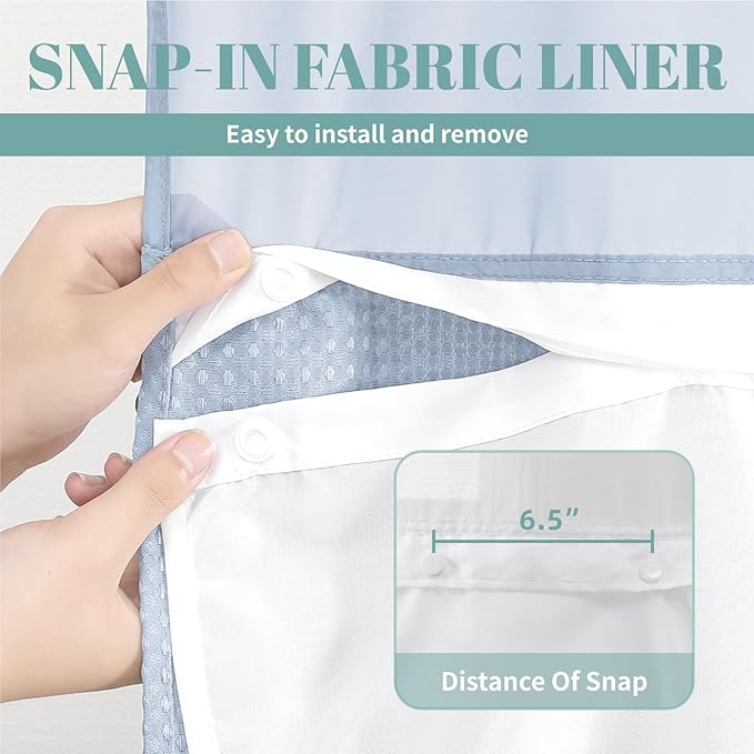 Blue No Hook Waffle Weave Shower Curtain with snap-in Liner Replacement, 230GSM Waterproof Fabric Hotel Shower Curtain Set for Bathroom, Through Mesh Top Window,60Wx74H