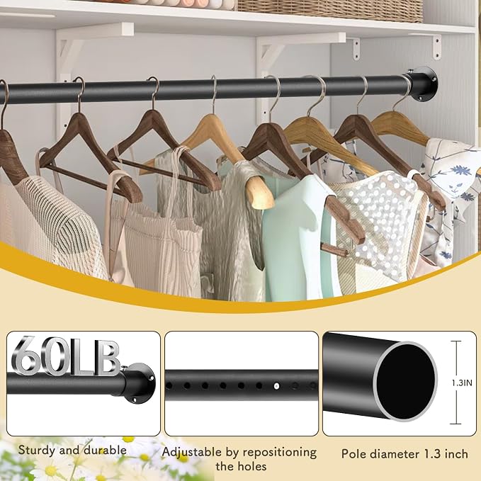 Closet Rod, 17 to 63 Inch Adjustable Closet Rod for Rugged Durability,1.3 Inch Diameter Heavy Duty Closet Rods for Hanging Clothes,Premium Metal Black Closet Poles for Wardrobes