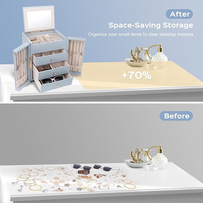 Dajasan Large Jewelry Organizer Box with Mirror, Jewelry Storage Organizer with 3 Drawers, 4-Tier Jewelry Gift Box for Women, Girls, Friends, Wife or Mother, Gift Idea (Smoky Blue)