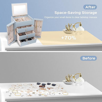 Dajasan Large Jewelry Organizer Box with Mirror, Jewelry Storage Organizer with 3 Drawers, 4-Tier Jewelry Gift Box for Women, Girls, Friends, Wife or Mother, Gift Idea (Smoky Blue)