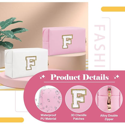 Personalized Initial A-Z Preppy Patch Makeup Bag,Small PU Chenille Letter Cosmetic Bag with Zipper for Teen Girls,Pink Cute Toiletry Organizer Bag,Monogram Makeup Case Gift for Women Girls,Letter F