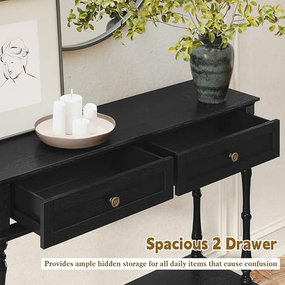 ARTPOWER Console Table for Entryway with 2 Drawers-Minimal Assembly,Retro Entryway Tables with Storage Cabinets and Open Shelf,Narrow Long Couch Table Behind Sofa for Living Room,Foyer,Hallway,Black