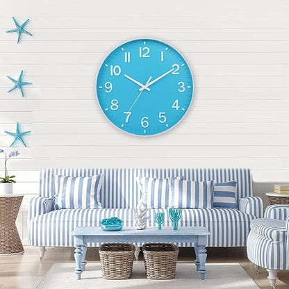 HZDHCLH Wall Clocks Battery Operated,Wall Clock Blue and White 10 inch Wall Clock Silent Non Ticking Modern 3D Numbers for Office Kitchen Classroom Bedroom Living Room Decor