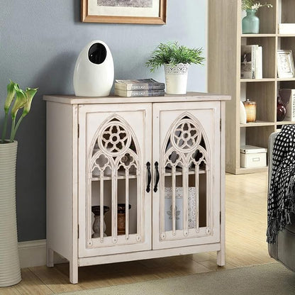 Sophia & William Accent Cabinet with Doors, Distressed Storage Cabinet Display Cabinet with Hollow-Carved Church Window Door for Entryway Living Room, White