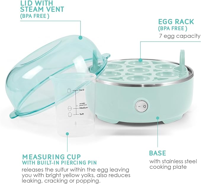 Elite Gourmet EGC115M Easy Egg Cooker Electric 7-Egg Capacity, Soft, Medium, Hard-Boiled Egg Cooker with Auto Shut-Off, Measuring Cup Included, BPA Free, Retro Mint