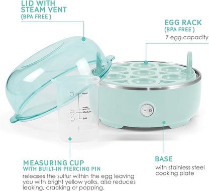 Elite Gourmet EGC115M Easy Egg Cooker Electric 7-Egg Capacity, Soft, Medium, Hard-Boiled Egg Cooker with Auto Shut-Off, Measuring Cup Included, BPA Free, Retro Mint