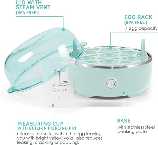 Elite Gourmet EGC115M Easy Egg Cooker Electric 7-Egg Capacity, Soft, Medium, Hard-Boiled Egg Cooker with Auto Shut-Off, Measuring Cup Included, BPA Free, Retro Mint