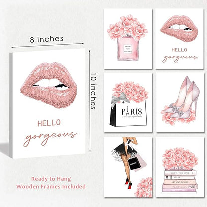 FRAMED Pink Makeup Room Canvas Wall Art, Fashion Woman Picture Wall Decor Paintings, Watercolor Perfume High Heels Lipstick Beauty Room Decor Pictures Arts for Girls Women Room Decor, (Set of 6, 8x10 in, Framed)
