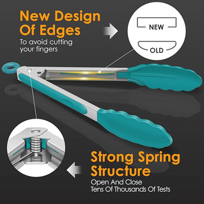 HOTEC Premium Stainless Steel Locking Kitchen Tongs with Silicon Tips, Set of 2-9" and 12", Turquoise