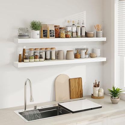 Fun Memories Floating Shelves for Wall, 55Inch Floating Shelves Set of 2, Hanging Shelf with Invisible Brackets, Wood Shelves for Living Room, Bedroom, Kitchen, White