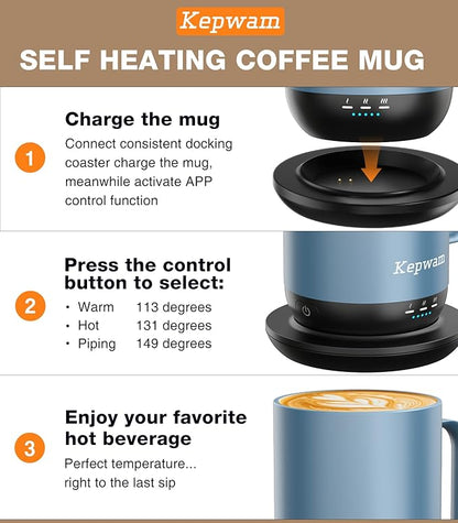 Kepwam Self-Heating Coffee Mug T1-16oz, Fast Heating Rechargeable Heated Coffee Mug, Smart Mug with App & Button Control, Ideal Gift for Coffee Lovers & Hot Drink Enthusiasts