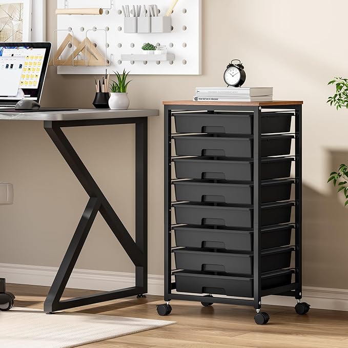Rolling Storage Cart with Drawers,Utility Cart With 8 Drawers and Wooden Tabletop,Rolling Drawer Cart,Storage Drawer Cart for Living Room,Classroom,Bedroom,Bathroom,Dorm,Office, Black