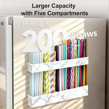 9.5” Large Acrylic Straw Holder for Cabinet Door, Reusable Adjustable Two-Part Straws Organizer with Ultra Sticky Adhesive Strips, 2026 Straw Storage for Kitchen Cupboard (Marble Color)