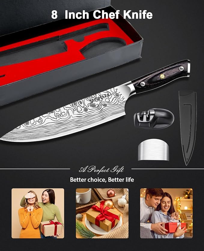 MOSFiATA 8" Super Sharp Professional Chef's Knife with Finger Guard and Knife Sharpener, German High Carbon Stainless Steel EN1.4116 with Micarta Handle and Gift Box