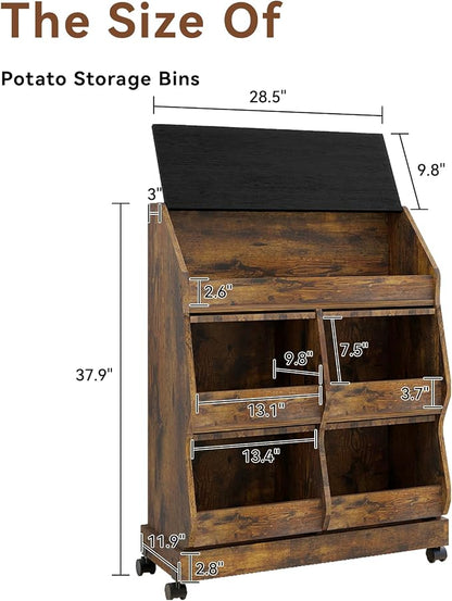 ARTETHYS Potato and Onion Storage Bin for Kitchen Large Potato Storage Box with Wheels 3 Tier Bread Container Holder with Lid and Grocery Section Decorative Vegetable Organization Cabinet for Kitchen