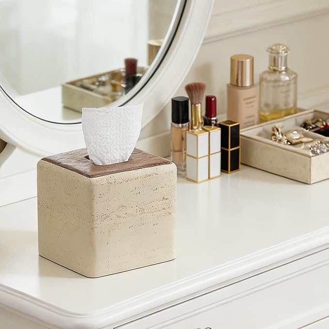 Natural Travertine & Wood Textures Tissue Box Cover Square for Home Decor,Resin Heavy Tissue Box Holder for Bathroom Countertop,Tabletop,Bedside Table,Office (Handmade of Resin)