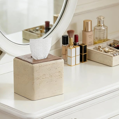 Natural Travertine & Wood Textures Tissue Box Cover Square for Home Decor,Resin Heavy Tissue Box Holder for Bathroom Countertop,Tabletop,Bedside Table,Office (Handmade of Resin)