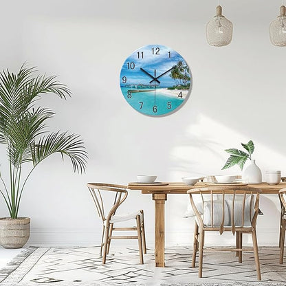 XFM Blue Beach Wall Clock 12 Inch Silent Wall Clocks Battery Operated Coastal Nautical Round Glass Clock Decorative for Bathroom Kitchen Living Room
