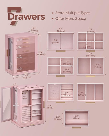 360° Rotating Jewelry Box with 7 Drawers, Spacious Vertical Jewelry Organizer with Glass Window, Jewelry Storage Case, Dustproof & Moisture-resistant Design, Pink