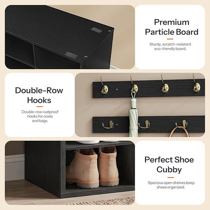 HOOBRO Shoe Storage Bench with Cushion, 39.4" L Entryway Bench with 12 Cubbies, Entryway Hall Tree with Storage, Cubby Shoe Rack Bench with Coat Rack for Hallway, Holds up to 330 lb, Black BB112HX01