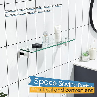 KOKOSIRI Bathroom Shelves Wall Mounted Floating Glass Shelf Polished Stainless Steel 20-Inch Kitchen Hanging Rack for Storage/Room Decor B1105CH-L20