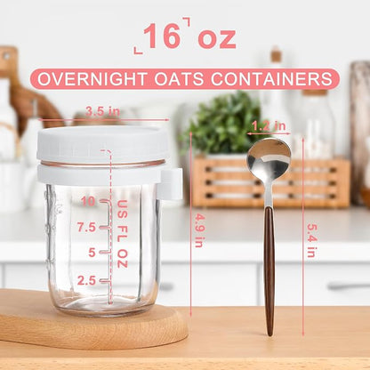 16oz Glass Mason Overnight Oats Jars, Cereal, Yogurt, Salad Lunch,Glass Overnight Oats Containers with Lids and Spoon, Container with Measurement Marks - (Grey&White-2Pcs)