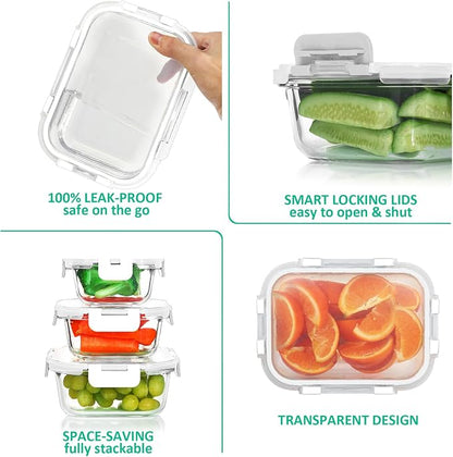 KOMUEE 24 Pieces Glass Food Storage Containers Set, Meal Prep Containers, BPA-Free Airtight Glass Storage Containers with lids,Freezer, Microwave and Oven Safe,White