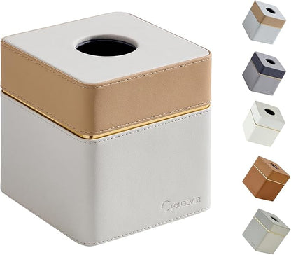 Cloudever Tissue Box Holder Cover Square, Modern PU Leather Decorative Tissue Cube Holder Organizer-Apricot Cream