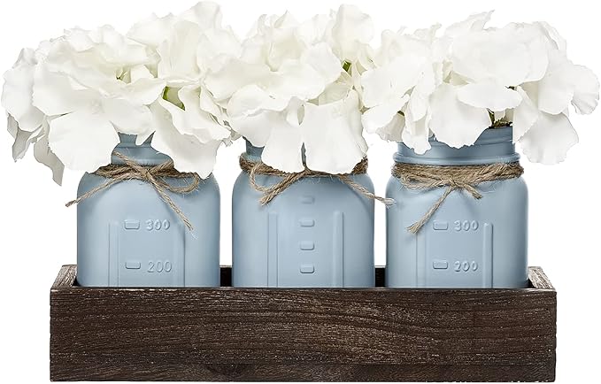 Mkono Mason Jar Centerpiece Decorative Wood Tray with 3 Painted Jars Artificial Flowers Rustic Country Farmhouse Thanksgiving Decoration for Coffee Table Dining Room Living Room Kitchen