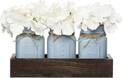 Mkono Mason Jar Centerpiece Decorative Wood Tray with 3 Painted Jars Artificial Flowers Rustic Country Farmhouse Thanksgiving Decoration for Coffee Table Dining Room Living Room Kitchen