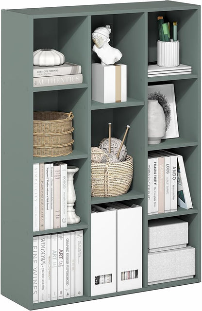 Furinno LUDER Book Shelf, 11-Cube Bookshelf, Reversible Bookcase, 9.4" x 29.1" x 41.7", for Living Room, Bedroom, Home Office, Sage Green