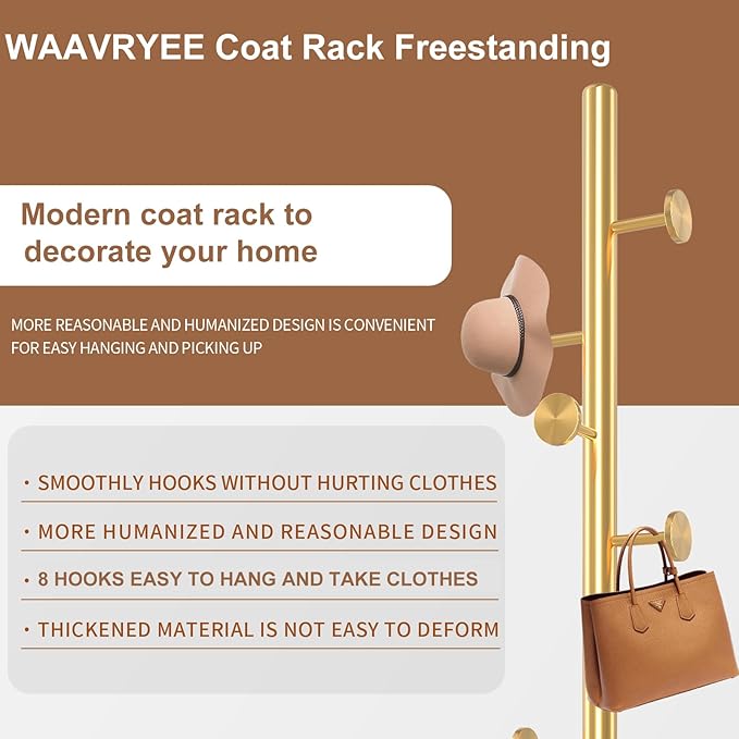 Modern Metal Coat Rack Stand, Coat Rack Freestanding with Natural Marble Base, Sturdy Heavy Duty Coat Racks with 8 Hooks, Golden Coat Hall Tree Stand for Entryway, Office