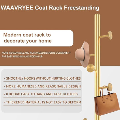 Modern Metal Coat Rack Stand, Coat Rack Freestanding with Natural Marble Base, Sturdy Heavy Duty Coat Racks with 8 Hooks, Golden Coat Hall Tree Stand for Entryway, Office