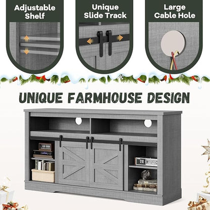 YESHOMY Fireplace TV Stand for Television up to 65+ Inch with Storage and Farmhouse Sliding Barn Doors, Entertainment Center with Cabinet and Shelves, Media Console for Living Room,Gray