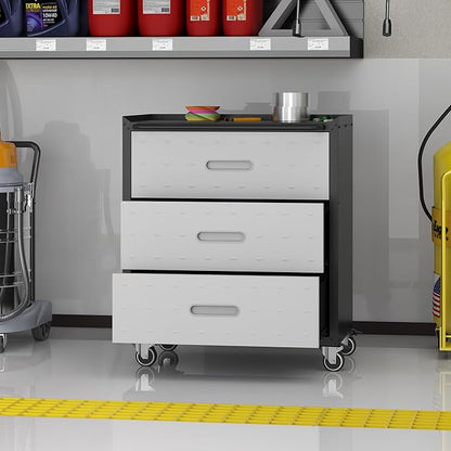 Metal Storage Cabinet with Wheels, Rolling Tool Cabinet, Garage Storage Cabinet with 3 Drawer for Tools, Assembly Required (Black/Grey)