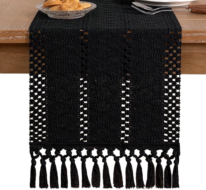 Socomi Boho Table Runner Valentine's Day Farmhouse Rustic Dining Kitchen Centerpiece Decor Small Macrame Woven Cotton Linen Coffee Table Runner for Dresser Scarf Home Decor 12x48 inch Black