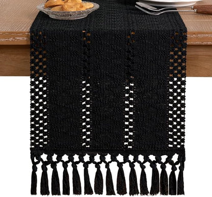 Socomi Boho Table Runner Macrame Long Valentine's Day Farmhouse Woven Cotton Linen Rustic Coffee Table Runner with Tassels for Dresser Scarf Home Decor Dining Room 12x108 inch Black