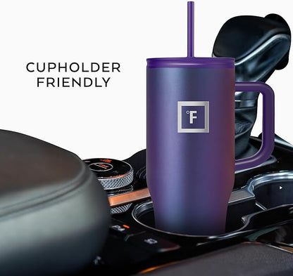 IRON °FLASK Co-Pilot Insulated Mug w/Straw & Flip Cap Lids - Cup Holder Bottle for Hot, Cold Drink - Leak-Proof - Water, Coffee Portable Travel Mug - Aurora, 32 Oz