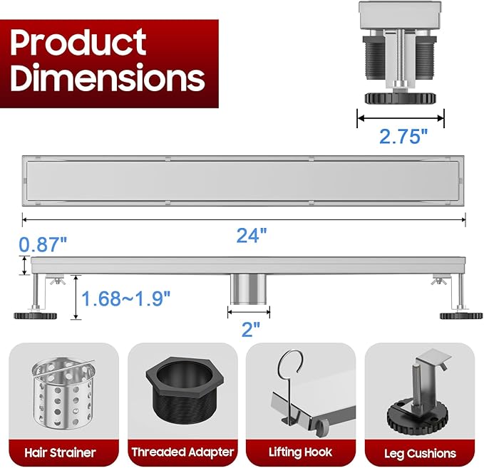 DLONE Linear Shower Drain | 24" AISI 304 Stainless Steel Linear Drain, Brushed Nickel Shower Drain with Tile Insert Panel & Adjustable Feet, Long Rectangle Shower Floor Drain in Bathroom, Balcony etc