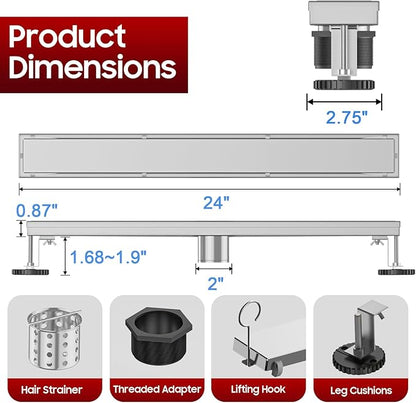 DLONE Linear Shower Drain | 24" AISI 304 Stainless Steel Linear Drain, Brushed Nickel Shower Drain with Tile Insert Panel & Adjustable Feet, Long Rectangle Shower Floor Drain in Bathroom, Balcony etc