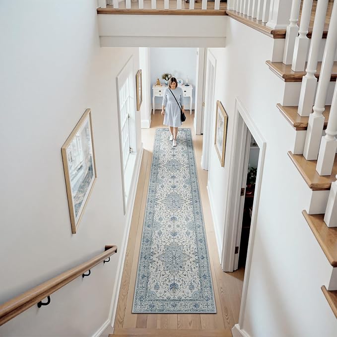 RELEANY Area Rugs Runner 2'x10' Washable Non-Slip, Floral Vintage Distress Medallion Carpet for Kitchen Hallway Bedroom Beside Laundry Room Bathroom, Light Blue Navy Gray White