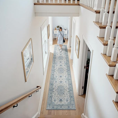 RELEANY Area Rugs Runner 2'x10' Washable Non-Slip, Floral Vintage Distress Medallion Carpet for Kitchen Hallway Bedroom Beside Laundry Room Bathroom, Light Blue Navy Gray White