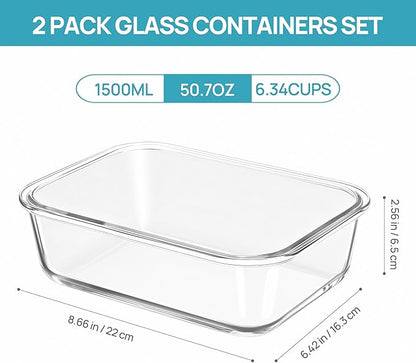 Vtopmart 2Pack 1500ml/50.7oz Large Glass Storage Containers with Lids, Meal Prep Food Container Set with Snap Airtight Lid for Baking, Microwave, Oven, Leak Proof, for Freezer, Dishwasher, Green