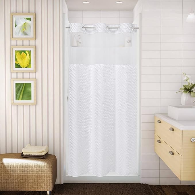 stall no Hook Tufted Shower Curtain with snap in Liner Set, White Waterproof Fabric Inner Liner,Boho Style Shower Curtain with See Through top Window, White, 36Wx74H