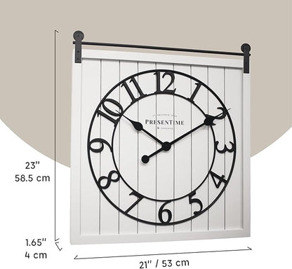 Presentime & Co Farmhouse Barn Door Clock, Shiplap Style, Cream White Color, Silent No Ticking, 3D Arabic Numeral, 23" H x 21" W. Home Decoration/Wall Decoration/Farmhouse Décor.