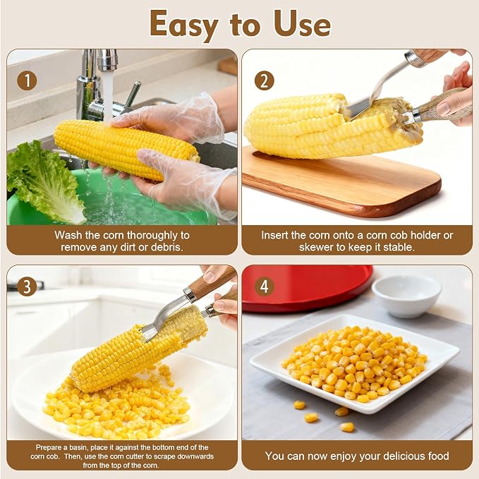 Corn Peeler + Corn Cob Holders, Corn on The Cob Stripper Tool, Corn Cob Stripper tool, Corn Cob Peeler, Sweet Corn Planer Cutter Kernel remover tool, Wooden Handle for Hand Grip, Corn Pick Set