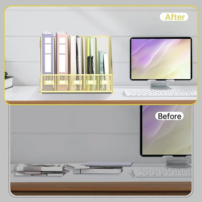 SUPEASY Desk Organizers Metal Desk Magazine File Holder with 5 Vertical Compartments Rack File Organizer for Office Desktop, Home Workspace, Gold Plus