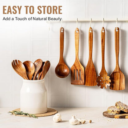 Terlulu 10 Pcs Wooden Spoons for Cooking, Natural Teak Wooden Kitchen Utensils Set, Durable Cooking Utensils Set with Comfort Grip for Cookware, Smooth Finish&NonStick& Heat Resistant Wooden Spatula