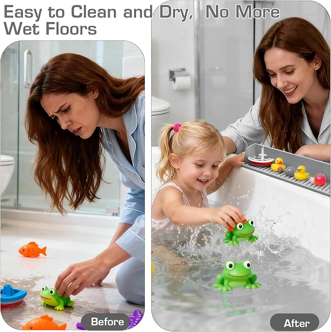31.5" Bathtub Splash Guard for Kids & Toddlers- Silicone Play Shelf & Toy Storage Tray with Strong Suction Cups to Prevent Water Spills, No-Leak Fun Bath Time - Tub Toy Holder Ledge,Grey